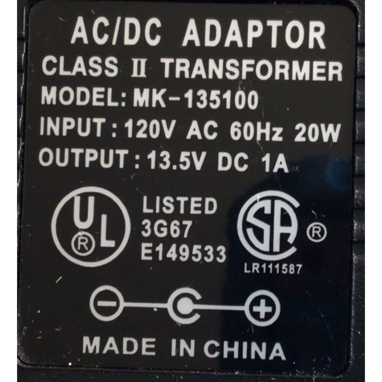CARGADOR / ADAPTADOR DE FUENTE DE ALIMENTACION / NUMERO DE PARTE MK-135100 / ENTRADA VCA 120V 60HZ 20W / SALIDA VCD 13.5V 1A / MODELO MK-135100 - Imagen 2